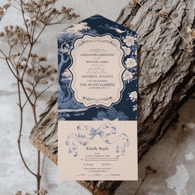 Invitación Todo En Uno Elegante Boda de tela azul de Jouy (Subido por el creador)