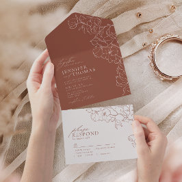 Invitación Todo En Uno Elegante boda de terracota floral dibujado a mano