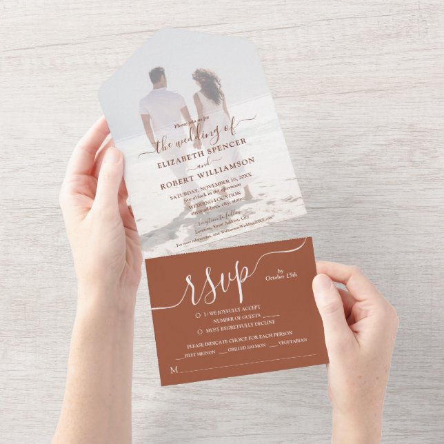 Invitación Todo En Uno Elegante Boda de Terracotta Photo (desgarro)