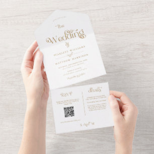 Invitación Todo En Uno Elegante Boda de Tipografía de Oro Blanco