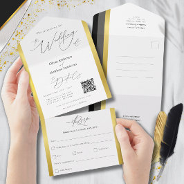 Invitación Todo En Uno Elegante Boda de tipografía de rayas de oro gris n