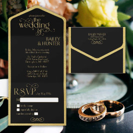 Invitación Todo En Uno Elegante Boda de Tipografía Ornate de Oro Negro