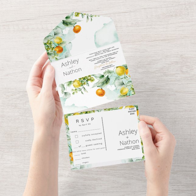 Invitación Todo En Uno Elegante Boda de verano floral y acuarela de fruta (desgarro)