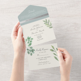 Invitación Todo En Uno Elegante boda de verde eucalipto azul polvoriento
