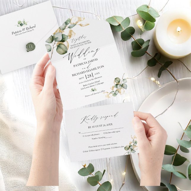 Invitación Todo En Uno Elegante Boda de Verdor de Oro (Subido por el creador)