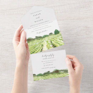 Invitación Todo En Uno Elegante Boda de viñedos de color verde