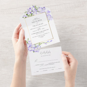 Invitación Todo En Uno Elegante Boda de Wisteria Verde y Púrpura