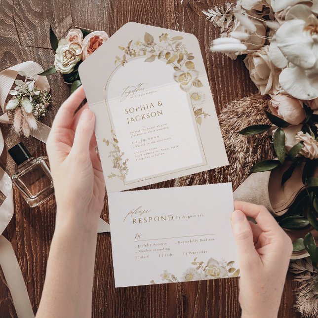 Invitación Todo En Uno Elegante Boda del Arco Botánico Floral de Oro (Elegant Gold Botanical Floral Arch Wedding All In One Invitation)