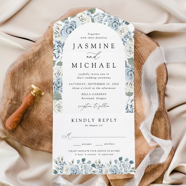 Invitación Todo En Uno Elegante Boda del Arco Floral Azul Dusty (Subido por el creador)