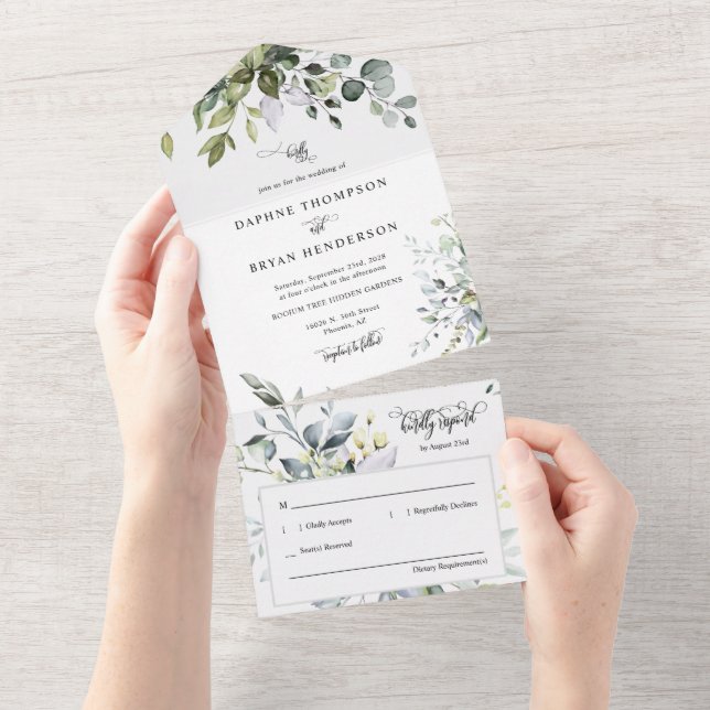 Invitación Todo En Uno Elegante Boda del Boho verde sabio (desgarro)