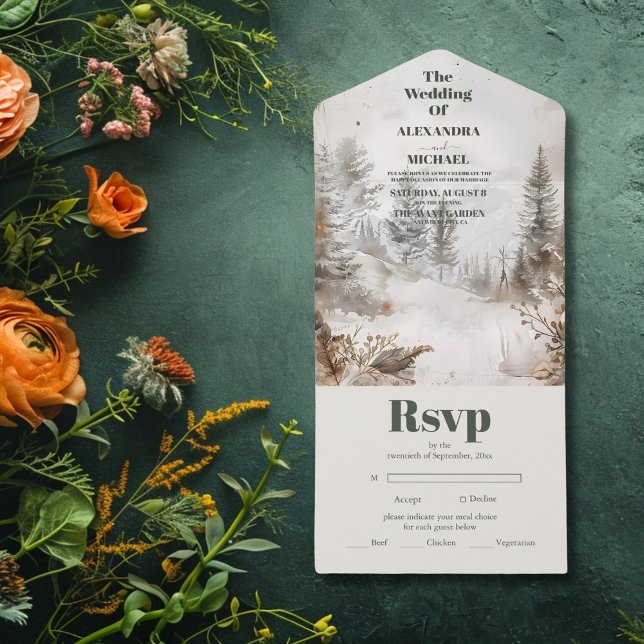 Invitación Todo En Uno Elegante Boda del Bosque de las Montañas de Invier (Subido por el creador)