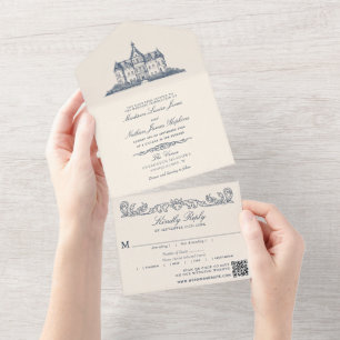 Invitación Todo En Uno Elegante Boda del castillo antiguo Manor Código QR