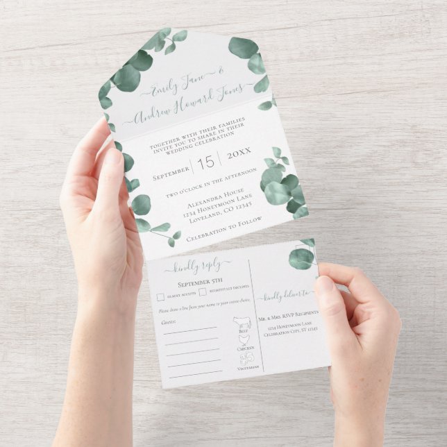 Invitación Todo En Uno Elegante Boda del menú del marco dorado Eucalyptus (desgarro)