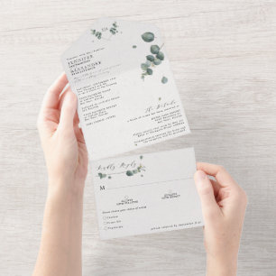 Invitación Todo En Uno Elegante Boda del Monograma Eucalyptus
