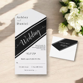Invitación Todo En Uno Elegante Boda Delicado Blanco Y Negro Moderno