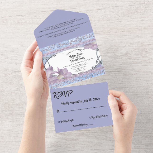 Invitación Todo En Uno Elegante Boda Delicado Rosa Ornate Purple (desgarro)