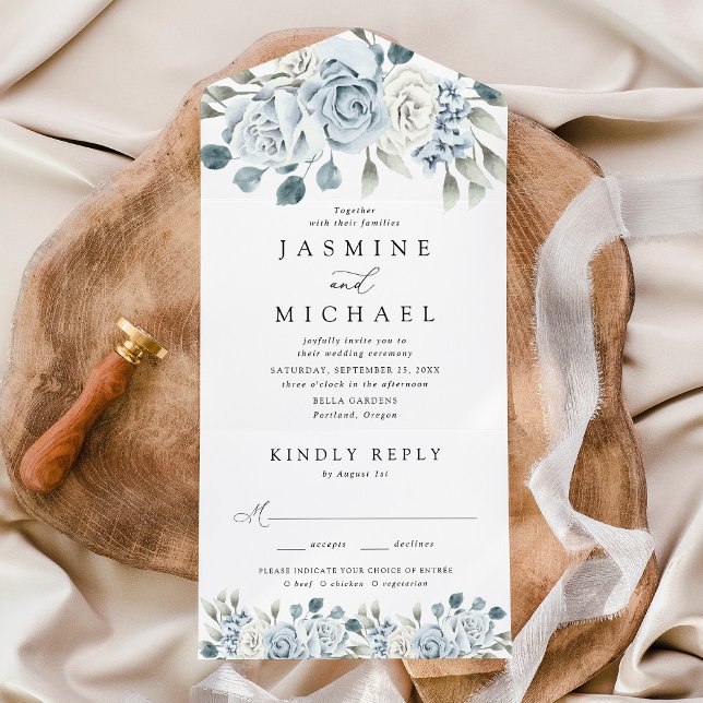 Invitación Todo En Uno Elegante Boda Dusty Blue Floral (Subido por el creador)