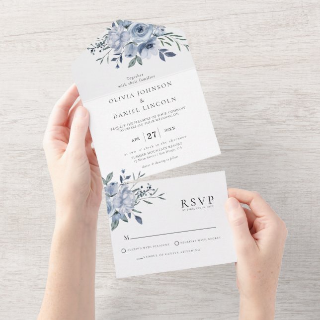 Invitación Todo En Uno Elegante Boda Dusty Blue Floral (desgarro)