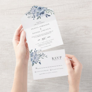 Invitación Todo En Uno Elegante Boda Dusty Blue Floral