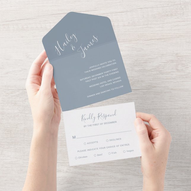 Invitación Todo En Uno Elegante Boda Dusty Blue Modern (desgarro)