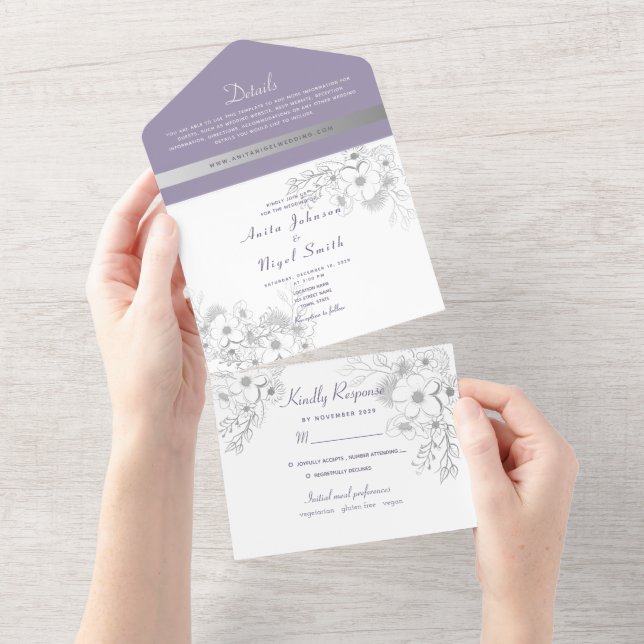 Invitación Todo En Uno Elegante Boda Dusty Purple (desgarro)
