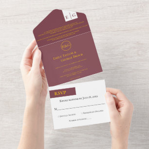 Invitación Todo En Uno Elegante Boda elegante del Monograma Dorado de Bor
