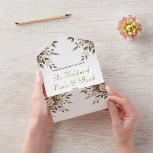 Invitación Todo En Uno Elegante Boda en Esquina Floral Verde Oliva y Blan