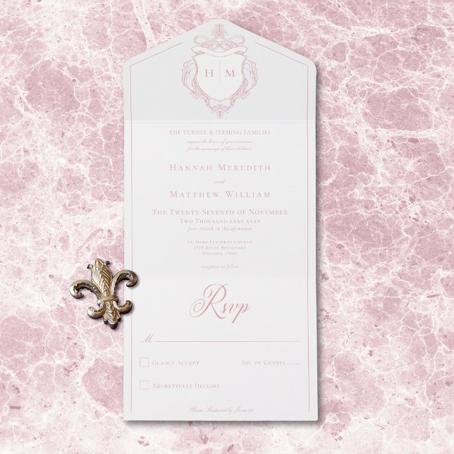 Invitación Todo En Uno Elegante Boda Escudo de pájaros de Chinoiserie ros (Elegant Pink Chinoiserie Bird Crest Wedding All In One Invitation)
