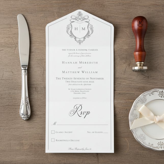 Invitación Todo En Uno Elegante Boda Escudo de pájaros de la Chinoiserie  (Subido por el creador)