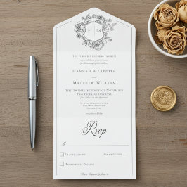 Invitación Todo En Uno Elegante Boda Escudo de pájaros de la Chinoiserie 