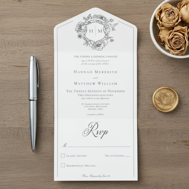 Invitación Todo En Uno Elegante Boda Escudo de pájaros de la Chinoiserie  (Subido por el creador)