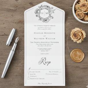 Invitación Todo En Uno Elegante Boda Escudo de pájaros de la Chinoiserie 