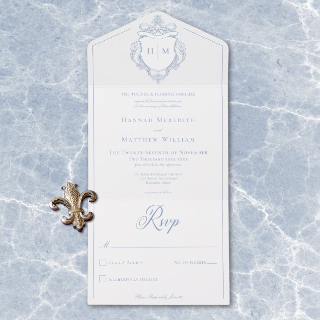 Invitación Todo En Uno Elegante Boda Escudo de pájaros de la Chinoiserie  (Elegant Blue Chinoiserie Bird Crest Wedding All In One Invitation)