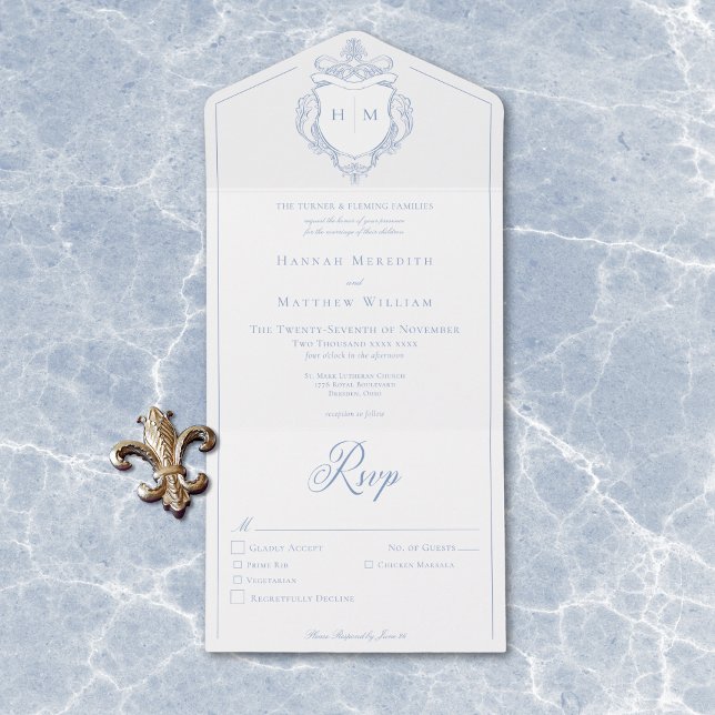 Invitación Todo En Uno Elegante Boda Escudo de pájaros de la Chinoiserie  (Elegant Blue Chinoiserie Bird Crest Wedding All In One Invitation)