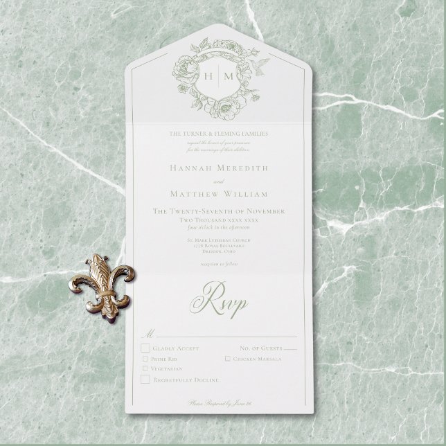 Invitación Todo En Uno Elegante Boda Escudo de pájaros de la Chinoiserie  (Elegant Green Chinoiserie Bird Crest Wedding All In One Invitation)