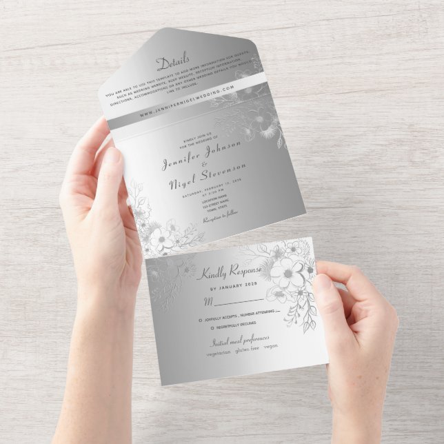 Invitación Todo En Uno Elegante Boda Faux Silver (desgarro)