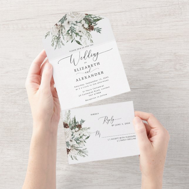 Invitación Todo En Uno Elegante boda festivo de invierno verdoso (desgarro)