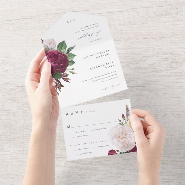 Invitación Todo En Uno Elegante Boda floral (desgarro)