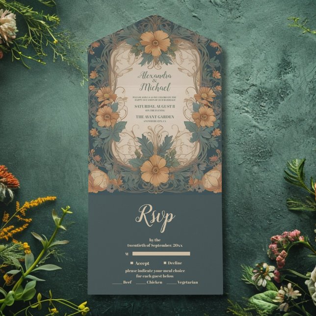 Invitación Todo En Uno Elegante Boda floral Art Nouveau (Subido por el creador)