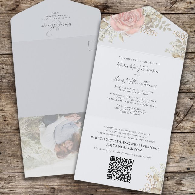 Invitación Todo En Uno Elegante Boda Floral Azul claro (Subido por el creador)