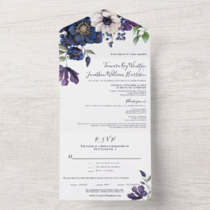 Invitación Todo En Uno Elegante Boda floral azul de la Marina Púrpura