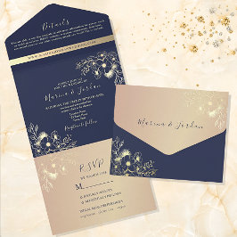 Invitación Todo En Uno Elegante Boda floral azul y dorado de la Marina