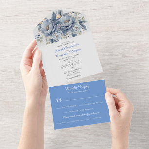 Invitación Todo En Uno Elegante Boda floral azul y gris