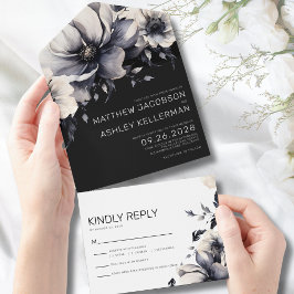 Invitación Todo En Uno Elegante Boda floral blanco negro moderno