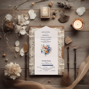 Invitación Todo En Uno Elegante Boda Floral Boho con Acuarela