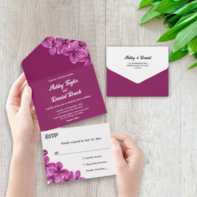 Invitación Todo En Uno Elegante Boda Floral Boho de Orquídea Púrpura (Subido por el creador)