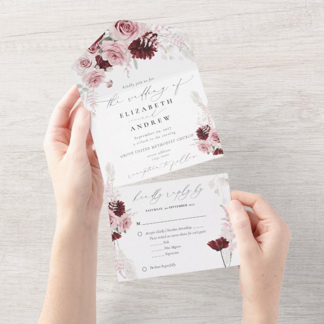 Invitación Todo En Uno Elegante Boda floral Borgoña Rubor rosa Roses (desgarro)