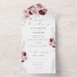 Invitación Todo En Uno Elegante Boda floral Borgoña Rubor rosa Roses