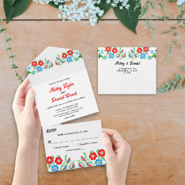 Invitación Todo En Uno Elegante Boda Floral Botánico Roses Rojos Azules