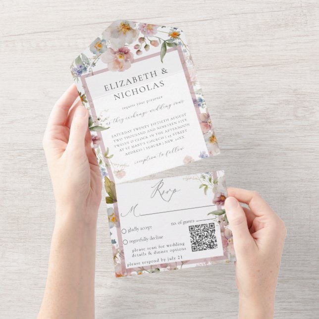 Invitación Todo En Uno Elegante Boda floral Código QR (desgarro)